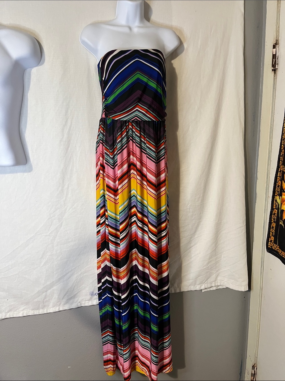 Striped Strapless Maxi Dress in Multicolor Chevron